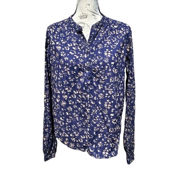 Gap -669 Navy Blue Button Front Placket Long Sleeve Shirred Popover Shirt‎ Sz S - Picture 1 of 10